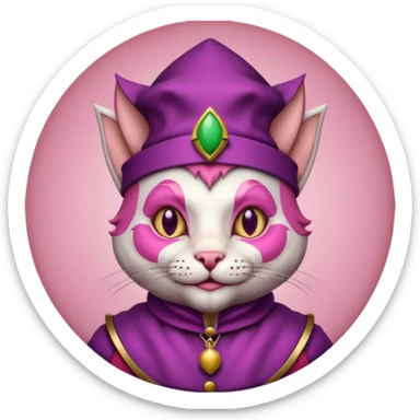 court jester cat medieval, single poker card joker clearly visible, pink, face only, round badge,  court jester cap sticker