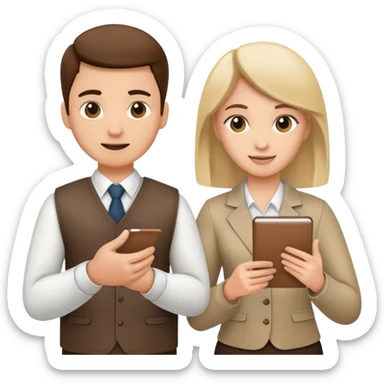 Two team members facing each other, one holding a notepad and the other gesturing, in a collaborative pose sticker