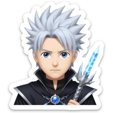 "Satoru Gojo, male anime character, spiky silver hair, blue eyes or blindfold, black sorcerer outfit, tall and athletic, confident pose, anime style, dramatic lighting." sticker