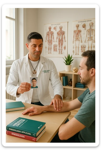 a middle-aged man, dressed in casual professional attire, is in a bright, organized therapy studio. Durante una visita di kinesiologia, il praticante tiene con una mano la foto di una persona lontana (il “testimone”) appoggiata su un tavolo, mentre con l’altra mano esegue un test muscolare su un cliente presente. Sullo sfondo si vedono libri di kinesiologia, poster anatomici e strumenti tipici della disciplina. L’atmosfera è concentrata e serena, con luce naturale che entra dalla finestra, sottolineando l’aspetto alternativo e umano della pratica. sticker