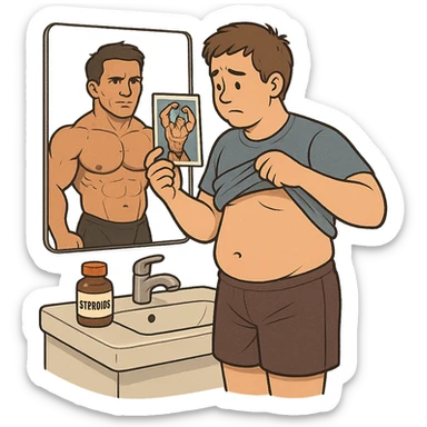 inexperienced bodybuilder looking at mirror with lifted shirt, comparing physique with photo of professional athlete, anabolic steroid bottle on sink, isolated on white background sticker