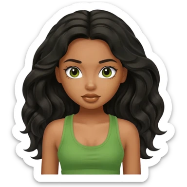 a pretty bratz brown girl with long wavy black color hair and green tank top on sticker