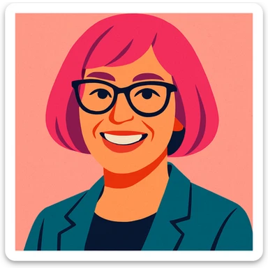 50 year old woman with a pink bob hairstyle, pink salt background, smiling, modern look sticker