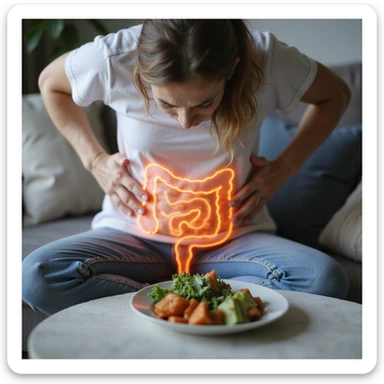 adult woman, photorealistic, intestinal problems, sitting with hands on abdomen, diet food plate in front, intestines highlighted in transparency, painful expression, natural light, home background sticker