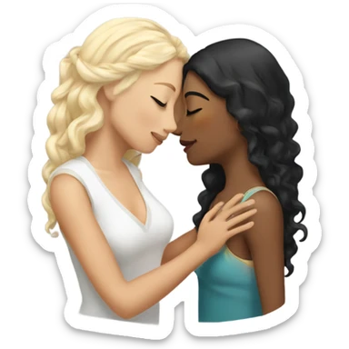 A indian race woman with long black hair kissing a white woman with curly blonde hair, Who embrace each other tenderly sticker