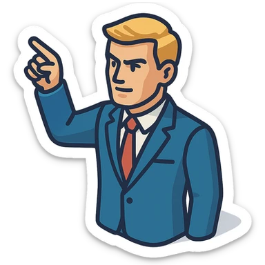Confident male leader, Caucasian, short neat blonde hair, sharp eyes, indigo jacket, one arm raised gicing direction, waist-up, front-facing sticker