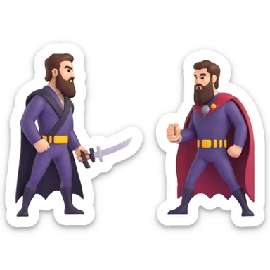 superhero comic cover with bearded hero facing off against razor-wielding villain, dramatic lighting sticker