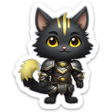 chibi monster hunter palico with all black fur and black face, on hind legs wearing armor, yellow eyes, happy and cute expression sticker