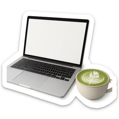 a MacBook laptop and a matcha latte together, clean and modern style sticker