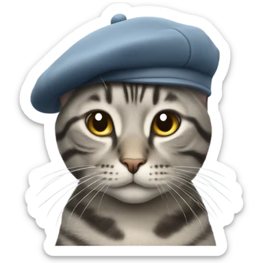 Grey tabby cat with a beret sticker