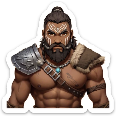 Clash of Clans aesthetic: Cinematic Rugged Barbarian Portrait Emoji, Intense and formidable with a heavily muscled physique, a rugged beard, piercing eyes, and battle-worn armor adorned with tribal markings, his expression fierce and resolute, Simplified yet powerfully detailed features, highly detailed, glowing with a deep, primal energy, high shine, gritty and uncompromising, stylized with an air of raw, untamed power, focused and determined, soft glowing outline, capturing the essence of a barbarian warrior carved by countless battles and poised to lead his clan into epic conflict! sticker