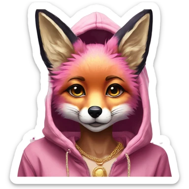 Pink magenta burgundy maroon beige fox wearing a pink hoodie with gold jewellery gold piercings gold ear piercing gold nose piercing vintage watercolour tie dye black raven wings sticker