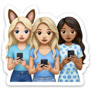 Three women in summer clothes holding iPhone, hazel eyed light skin with dark blonde long hair and Brown eyed,light skin black long wavy hair, blue eyed light skin long blonde hair with 2 dogs, blue spotted Merle Frenchie, black and tan chihuahua  sticker