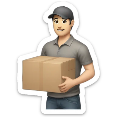 Pale skinned fit Man with black hair in a dark gray cap, gray jeans and beige polo T-shirt keeping a pasted box into his hands sticker