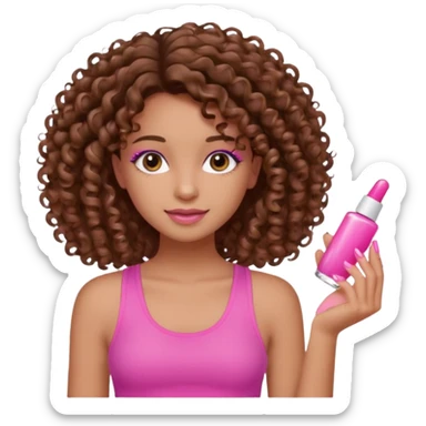 Uma menina com o cabelo cacheado é morena, e com uma regata rosa com unha em gel  sticker