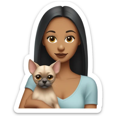 Latino woman with black staight hair and brown eyes is holding a grey sphinx cat and a ginger Pomeranian dog sticker