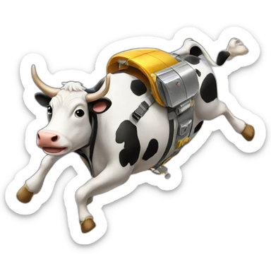 side-on view of cow flying to space while wearing a jetpack with legs being pushed back by the wind sticker