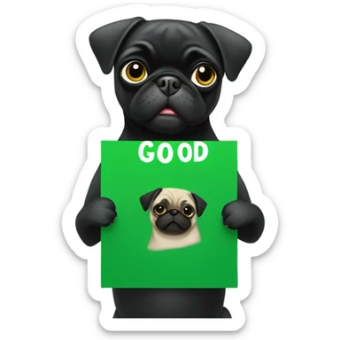 Black pug holding a green sign that says good luck  sticker