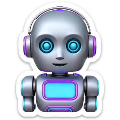 chatbot robot in gray color, with neon glow lines, blue neon glow on top left, purple neon glow on bottom right sticker