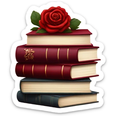A red stack of books with a maroon bouquet of vintage-style roses and a silk ribbon sticker