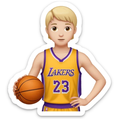 Joven con color de piel claro con uniforme de basquetball laker sosteniendo una pelota de basquet sticker