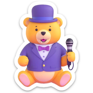 yellow bear plushy with a purple top hat and a mic sticker