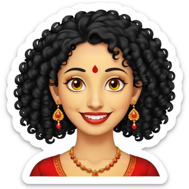 "- Phụ nữ
- 35 tuổi
- Da vàng
- Tóc đen xoăn nhẹ
- Có chấm đỏ Bindi, đeo khuyên tai
- Mặt cười
" sticker