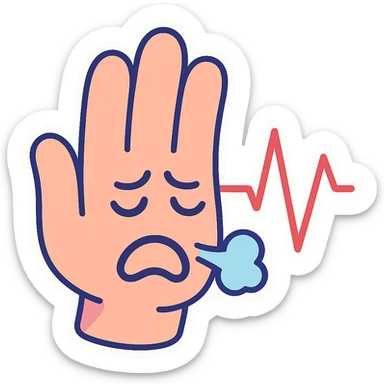 hand with pulsating line, symbol of stress and breath control, pastel toon style, clear contours, soft shadows and highlights, white outline sticker