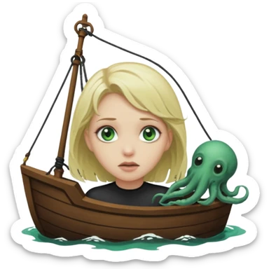 sad depressed weak cs major who is a pretty girl with blond hair and green eyes drowning on ship, very pretty very sad and weak. Near death almost dead drowning. But the pretty girl is like the whole ship and her face is on the helm dark lovecraft evil. sticker