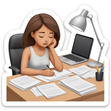 Woman dozing off at bare workspace, just papers on desk sticker