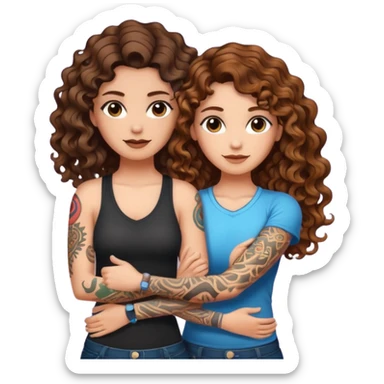 smug crossed arms — long wavy brown hair tattooed woman and short tight curly brown hair woman — glow aura sticker