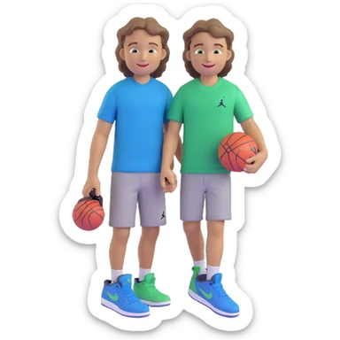 boy with light brown wavy hair, short sides, long top, green grey eyes, dark blue shirt, smiling, holding a Jordan sneaker sticker