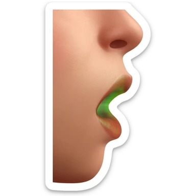 close-up side profile of a person’s lower face with mouth open, exhaling a visible green mist representing bad breath, medical illustration style, focus on lips and airflow, realistic skin texture, symbolic visualization of halitosis sticker