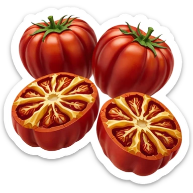small cluster of wrinkled deep red sun-dried tomato halves glistening with light coating of oil, soft yet chewy texture, visible folds, rich color variation, slight oil pooling around base, glossy look, no jar herbs or extras, apple emoji style, soft lighting, subtle shadows, emoji scale sticker