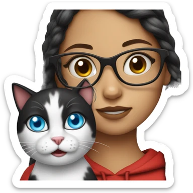 a girl with blue eyes, glasses, a split hair black and red, and her white cat sticker