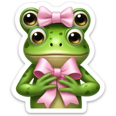Frog wearing pink bow on head while holding teddybear in his hands sticker