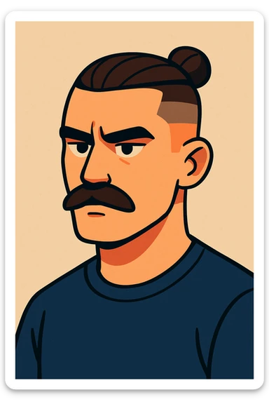 A vibrant cartoon style illustration of a guy with a moustache and a man bun, low taper fade haircut, looking serious, neutral background. sticker