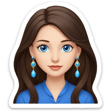 
Create an emoji of a brunette with blue eyes. She should have long hair, stylish clothing, and a friendly facial expression. Add some accessories like earrings or glasses to make the look more interesting. sticker