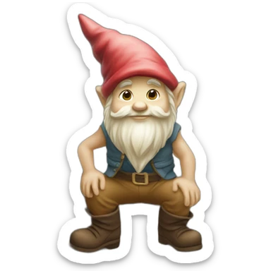 side view of gnome with light tan pants and boots squatting above tiny brown log sticker