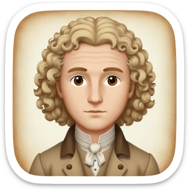 Rousseau, accurate to 18th-century paintings, light hair in curls, high forehead, brown eyes, wearing a tan coat and white shirt sticker