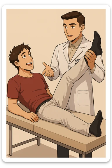 fai un webtoon manga a colori con questo stile, in cui un uomo è steso sul lettino medico e il kinesiologo con il camice bianco (fagli anche la scritta "ANTONIO ANANIA" SUL CAMICE, gli solleva una gamba per fargli il test neuromuscolare, IL KINESIOLOGO SPIEGA ALL'UOMO UNA cosa mentre gli alza la gamba. l'espressione dell'uomo è felice e soddisfatta, non fare i fumetti però, fai solo in modo che sembri stiano parlando, il lettino fai in modo che si veda tutto intero sticker