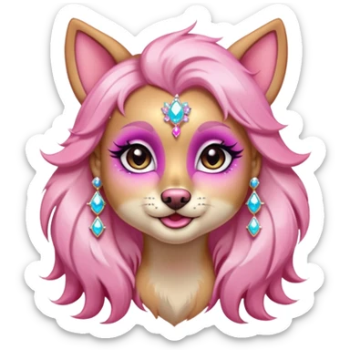 glamorous dog portrait, head and shoulders only, exaggerated pink makeup, bright eyeshadow, long eyelashes, shiny blush cheeks, sparkling face gems, glitter accents, elegant earrings, fantasy beauty style, cute 3D cartoon, mobile game icon style, clean background, no text, no watermark
 sticker