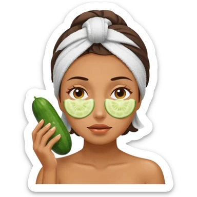 woman at the spa with cucumbers on her eyes (no eyeballs showing) and tan skin tone with towel covering hair sticker