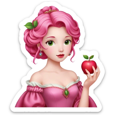 Cinematic Realistic Sleeping Beauty (Aurora) Portrait, with porcelain-like skin featuring a natural rosy flush, illuminated by soft lighting that highlights the gentle contours of her face. Her golden blonde hair flows in soft, detailed waves with subtle highlights that shimmer in the light. Her deep violet-blue eyes radiate warmth and innocence, framed by arched brows and long lashes. With a soft, serene smile, she holds a delicate rose gently in one hand, her other hand resting lightly by her side. She is dressed in her classic pink gown, the fabric rich in texture with delicate folds that catch the light. A golden crown rests atop her head, gleaming with royal refinement. The portrait captures a soft, glowing aura, blending realism with an ethereal sense of beauty and timeless enchantment. sticker