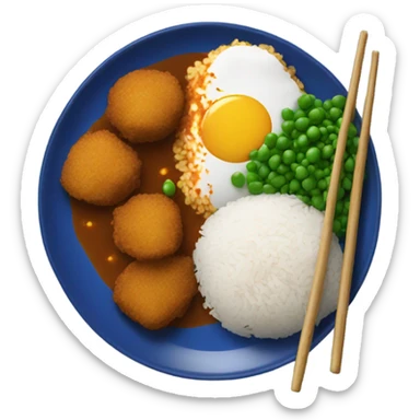 Blue plate with katsu curry and rice ball with peas sticker