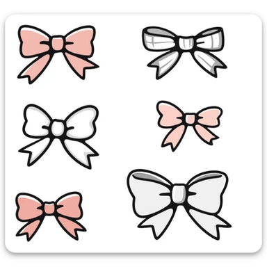 cute bows in various shapes and sizes in pastel colors dd9fb0, ffc6d3, a3bfc9, c4bee2, f1b091, hand-drawn doodle style sticker
