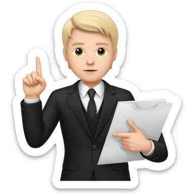 A white man in a black suit stands with a serious face and points at his hand holding papers. sticker