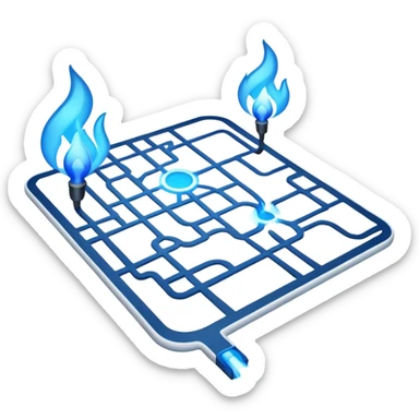 a map with a glowing blue flame on the x and networking paths sticker