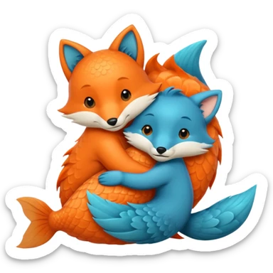 One orange fish and one teal blue fox, that are hugging or cuddling each other sticker
