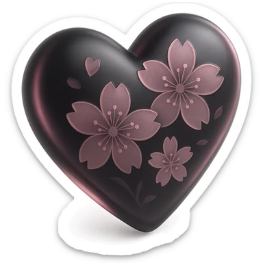 goth sakura heart, 3D glass style, black heart with translucent pink sakura, shiny and elegant sticker